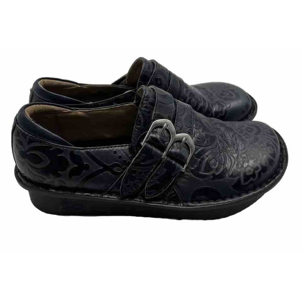 Alegria Slip On Shoes Comfort Grey Black Floral Embossed Leather Size 36